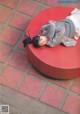 A woman laying on a red bench on a tiled floor.