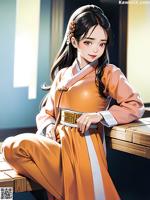 A woman in an orange kimono sitting on a wooden bench.